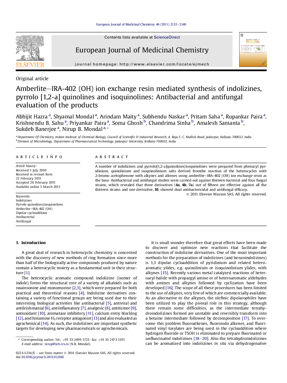 Amberlite-IRA-402 (OH) ion exchange resin mediated synthesis of indolizines, pyrrolo [1,2-a] quinolines and isoquinolines: Antibacterial and antifungal evaluation of the products