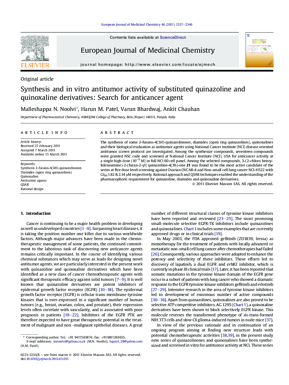 Synthesis and in vitro antitumor activity of substituted quinazoline and quinoxaline derivatives: Search for anticancer agent