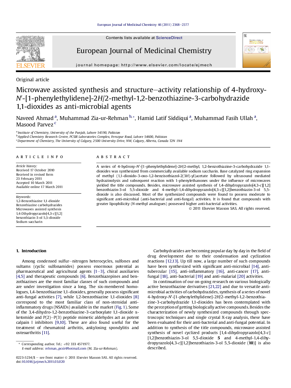 Microwave assisted synthesis and structure-activity relationship of 4-hydroxy-Nâ²-[1-phenylethylidene]-2H/2-methyl-1,2-benzothiazine-3-carbohydrazide 1,1-dioxides as anti-microbial agents