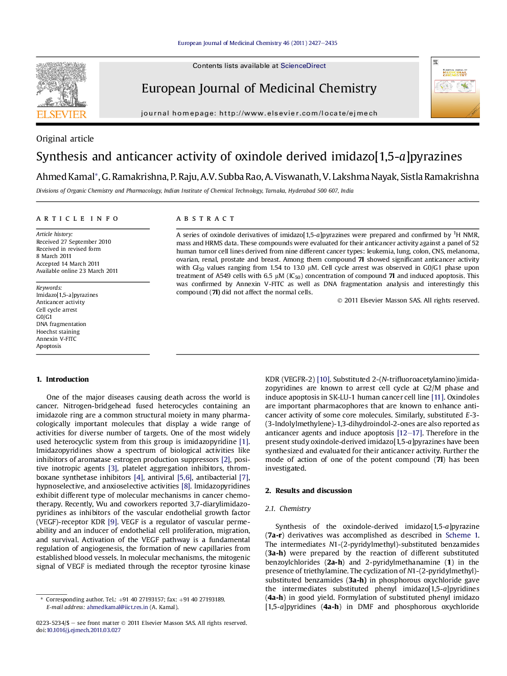 Synthesis and anticancer activity of oxindole derived imidazo[1,5-a]pyrazines