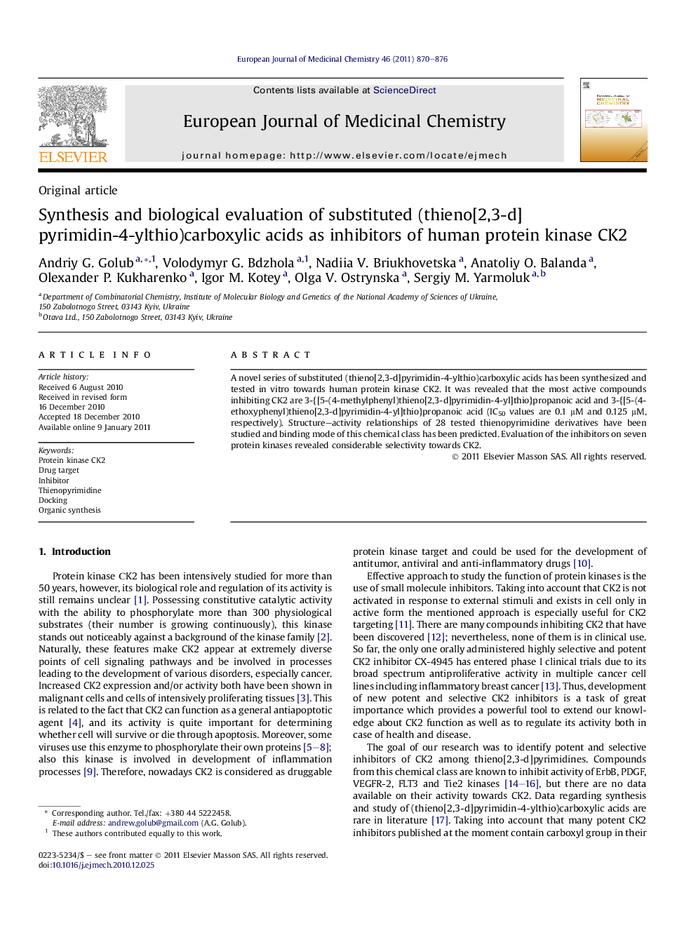 Synthesis and biological evaluation of substituted (thieno[2,3-d]pyrimidin-4-ylthio)carboxylic acids as inhibitors of human protein kinase CK2