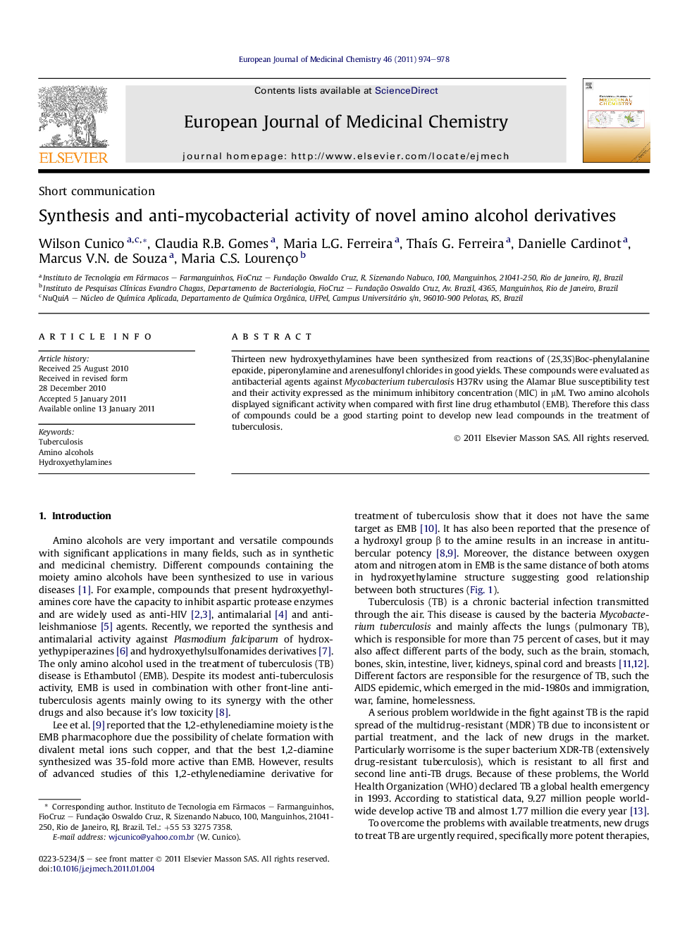 Synthesis and anti-mycobacterial activity of novel amino alcohol derivatives