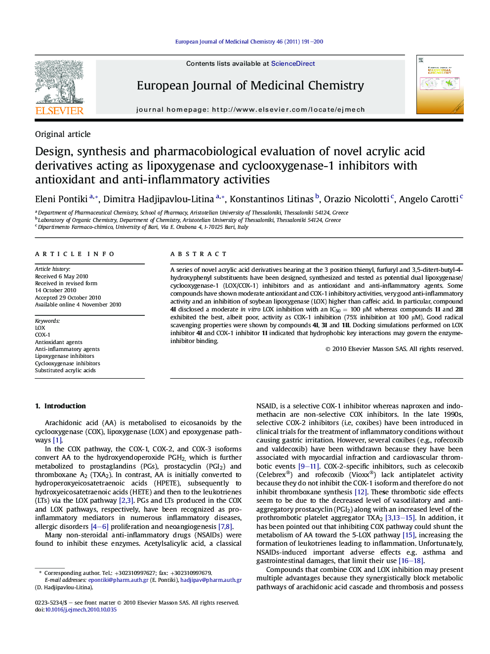 Design, synthesis and pharmacobiological evaluation of novel acrylic acid derivatives acting as lipoxygenase and cyclooxygenase-1 inhibitors with antioxidant and anti-inflammatory activities