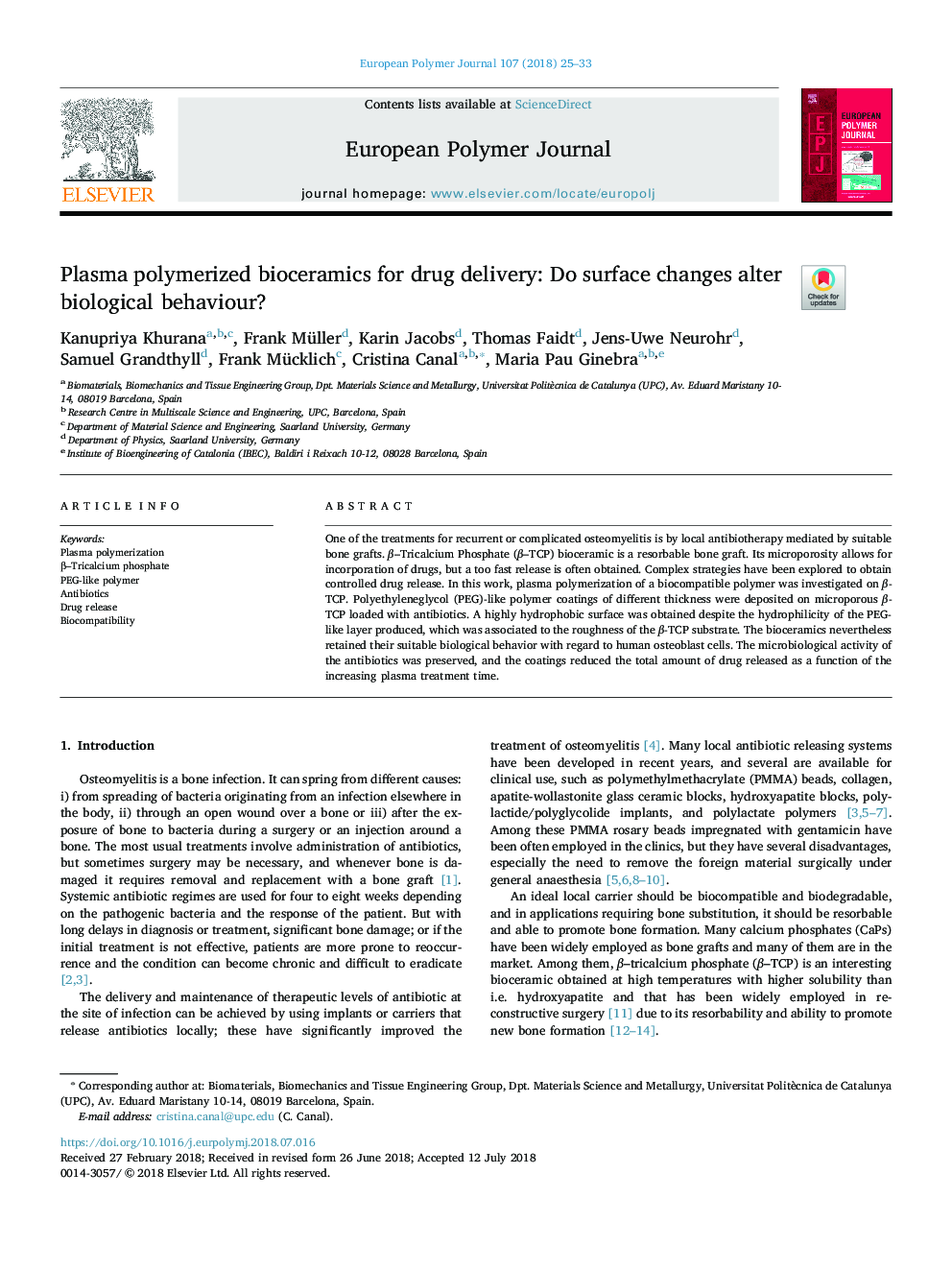 عکس صفحه اول مقاله: Plasma polymerized bioceramics for drug delivery: Do surface changes alter biological behaviour? Plasma polymerized bioceramics for drug delivery: Do surface changes alter biological behaviour?