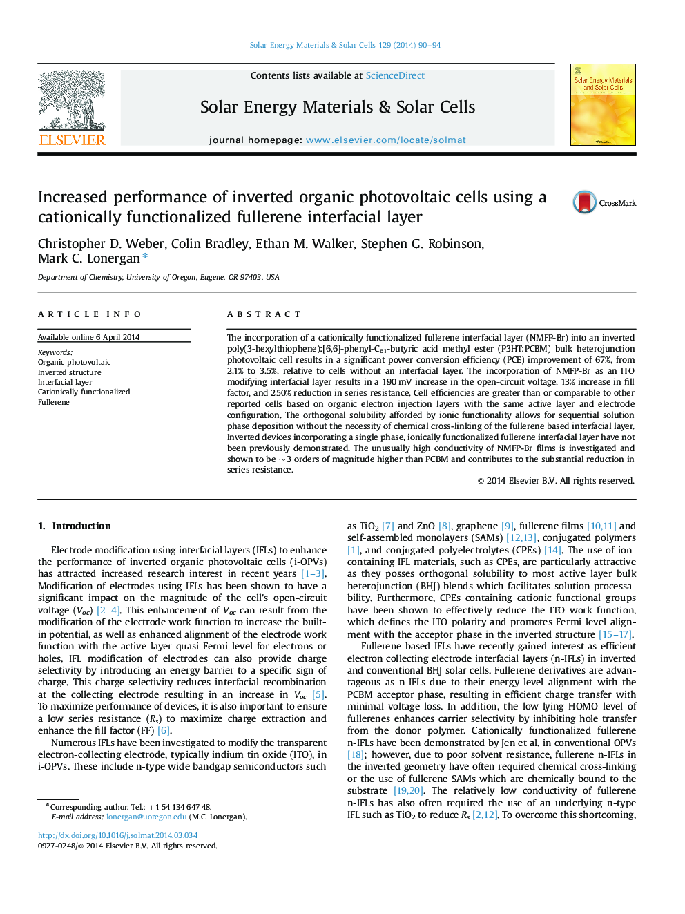 Increased performance of inverted organic photovoltaic cells using a cationically functionalized fullerene interfacial layer