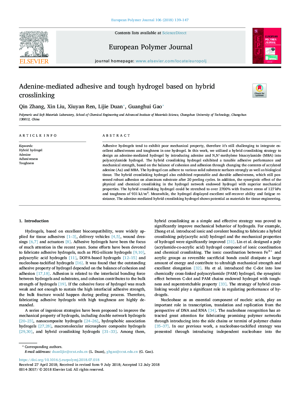 Adenine-mediated adhesive and tough hydrogel based on hybrid crosslinking