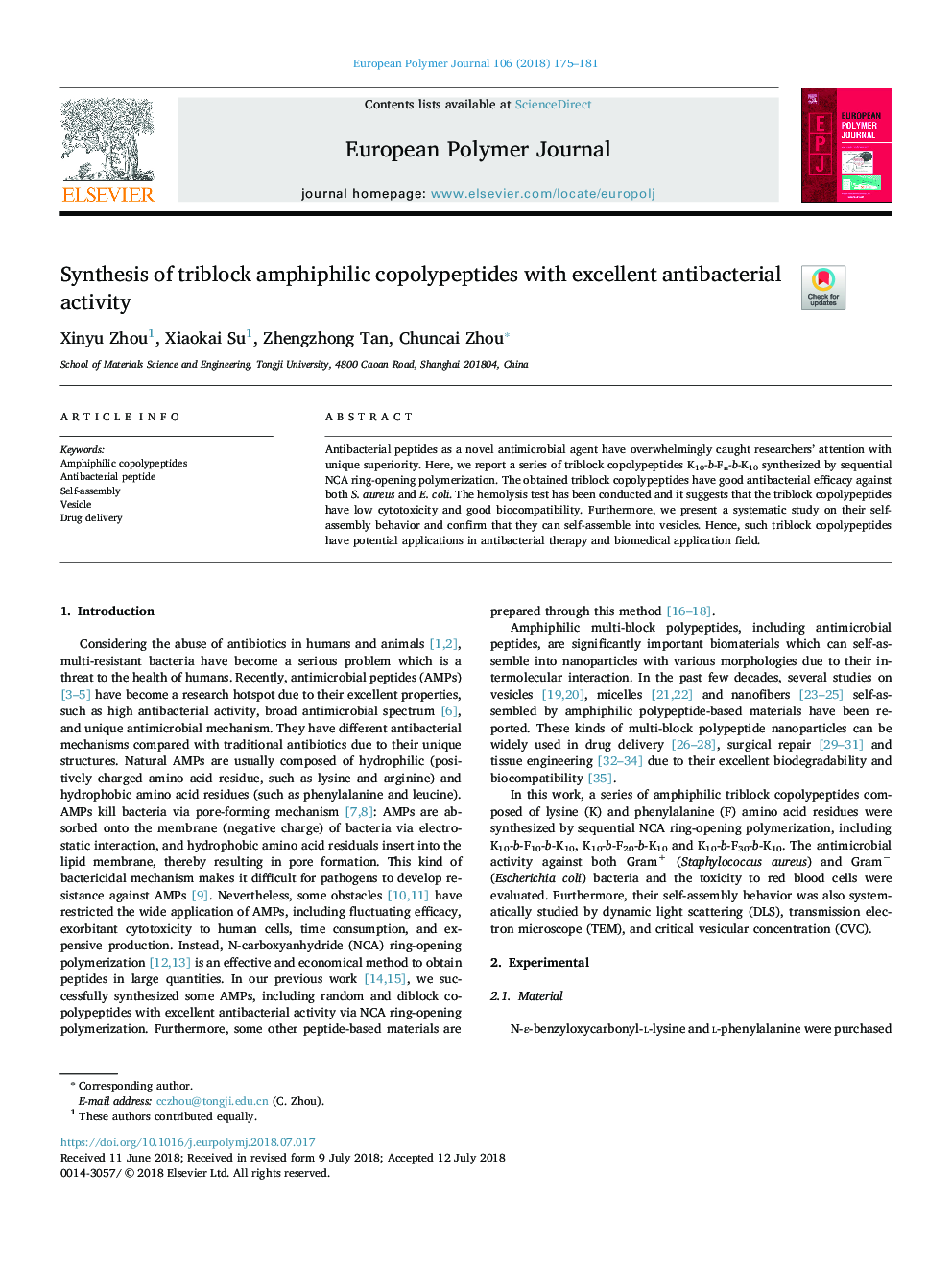 Synthesis of triblock amphiphilic copolypeptides with excellent antibacterial activity