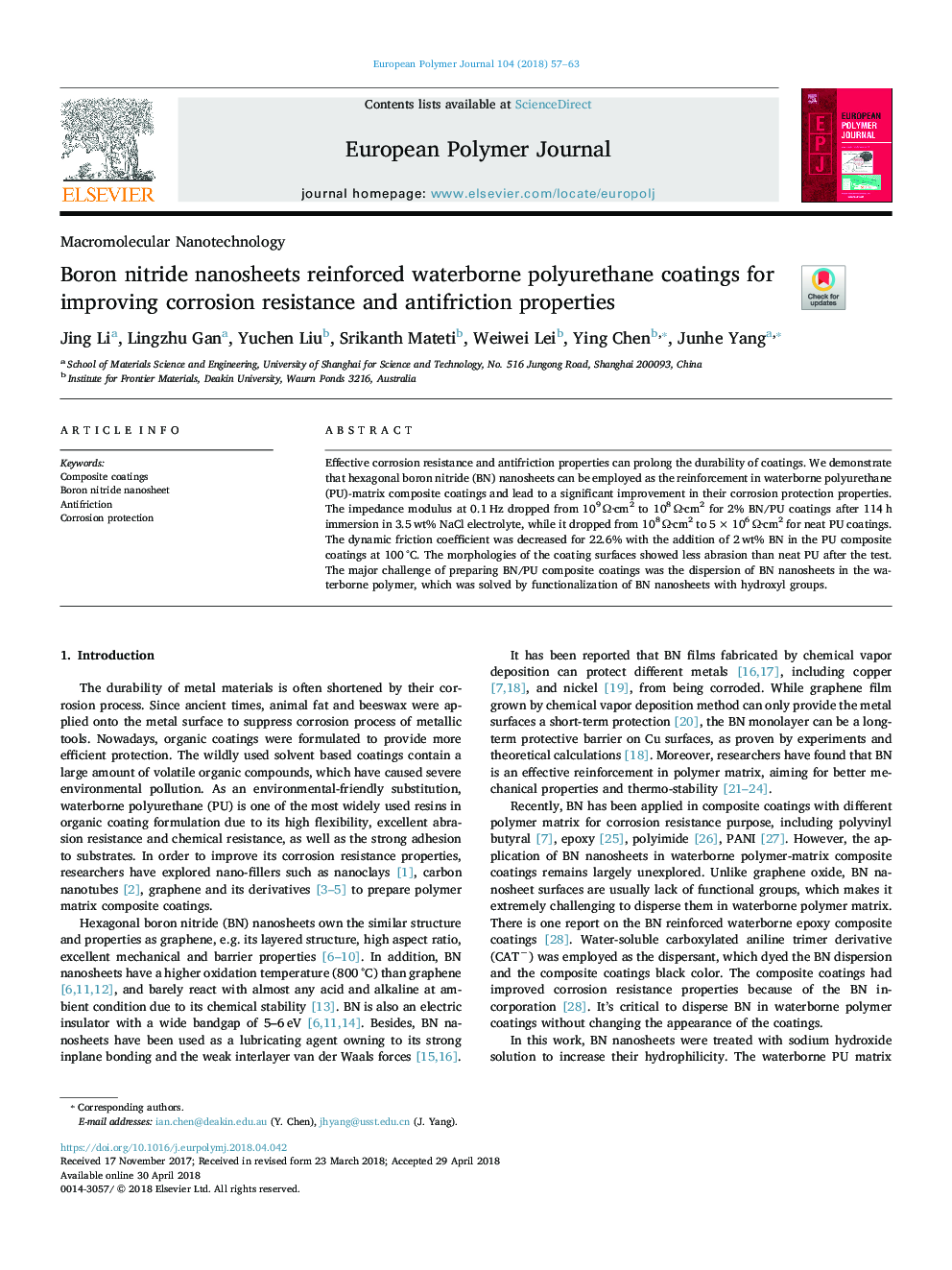 Boron nitride nanosheets reinforced waterborne polyurethane coatings for improving corrosion resistance and antifriction properties