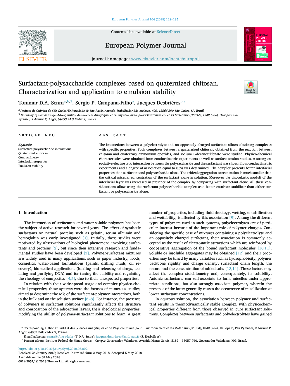 Surfactant-polysaccharide complexes based on quaternized chitosan. Characterization and application to emulsion stability