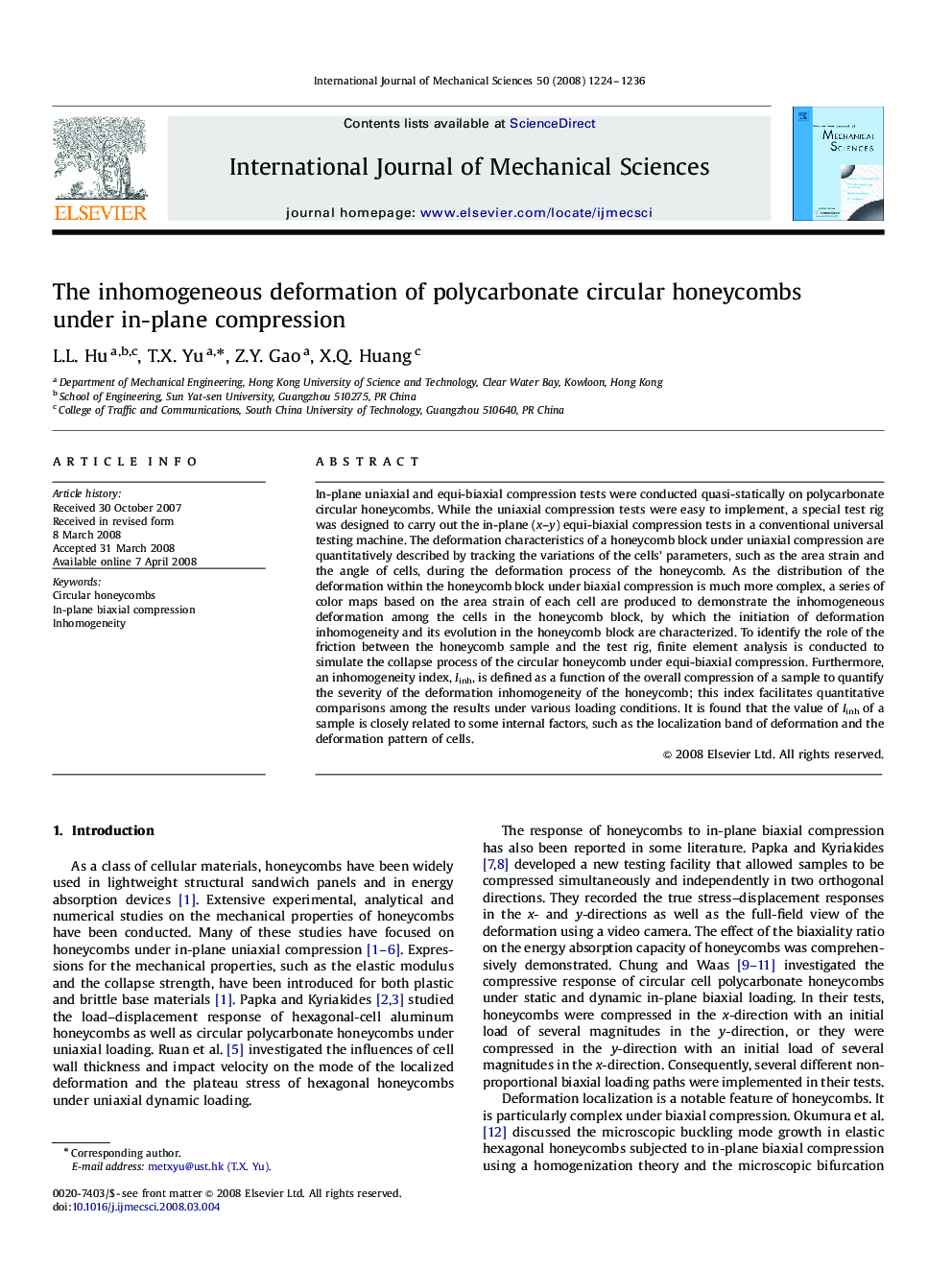 The inhomogeneous deformation of polycarbonate circular honeycombs under in-plane compression