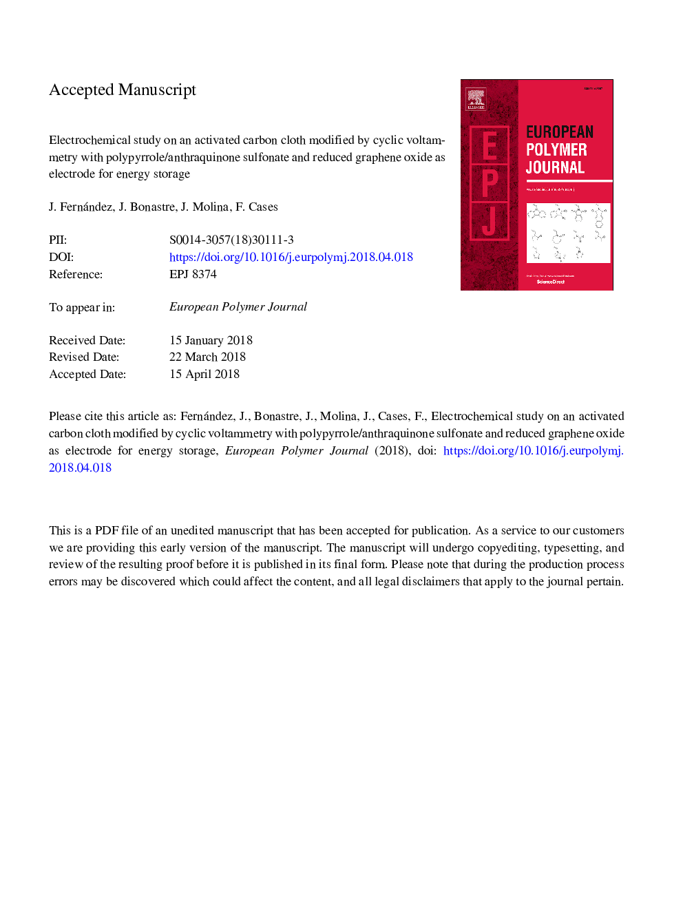 Electrochemical study on an activated carbon cloth modified by cyclic voltammetry with polypyrrole/anthraquinone sulfonate and reduced graphene oxide as electrode for energy storage