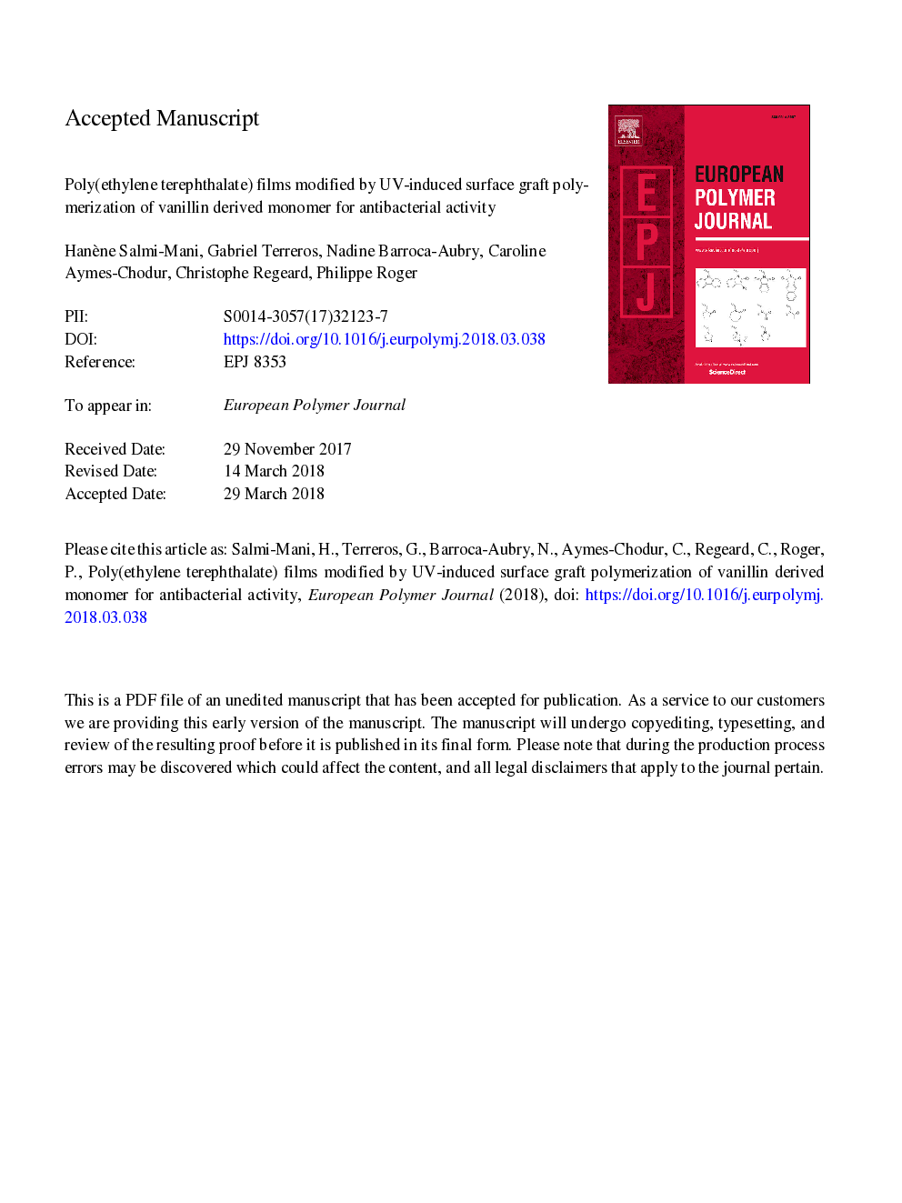 Poly(ethylene terephthalate) films modified by UV-induced surface graft polymerization of vanillin derived monomer for antibacterial activity