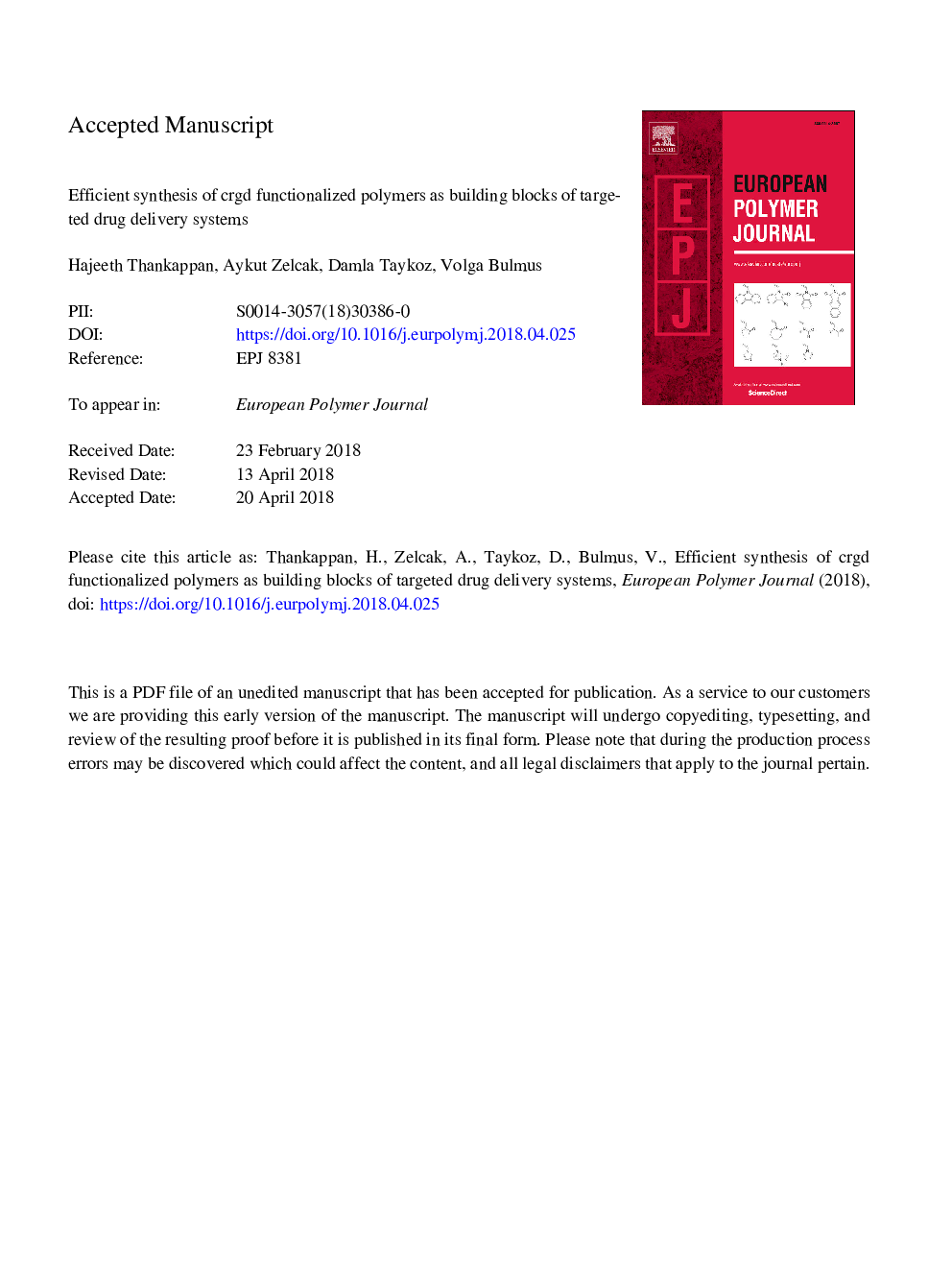 Efficient synthesis of cRGD functionalized polymers as building blocks of targeted drug delivery systems