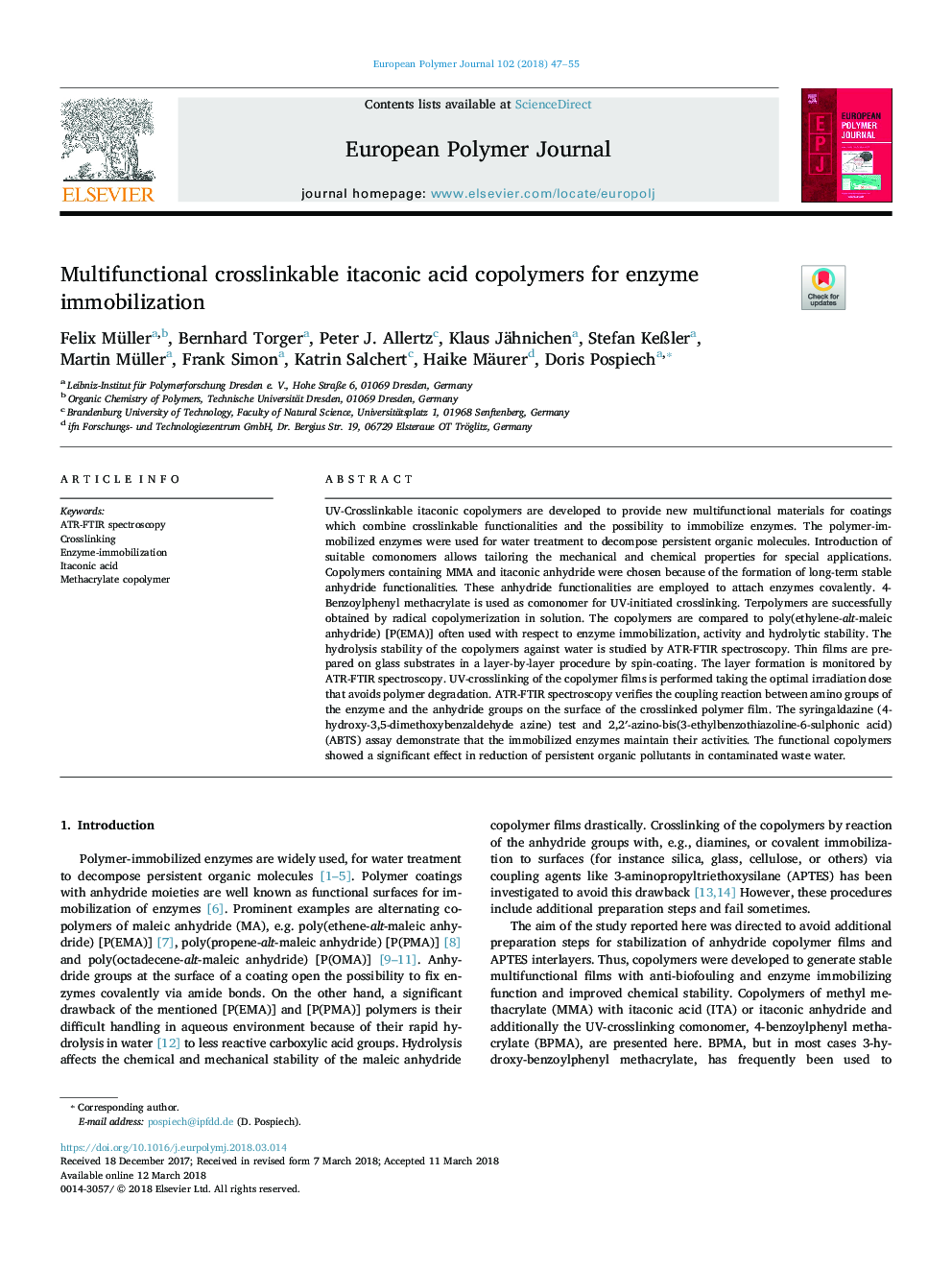 Multifunctional crosslinkable itaconic acid copolymers for enzyme immobilization