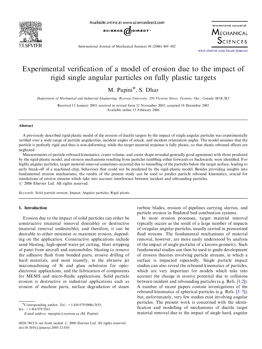 Experimental verification of a model of erosion due to the impact of rigid single angular particles on fully plastic targets