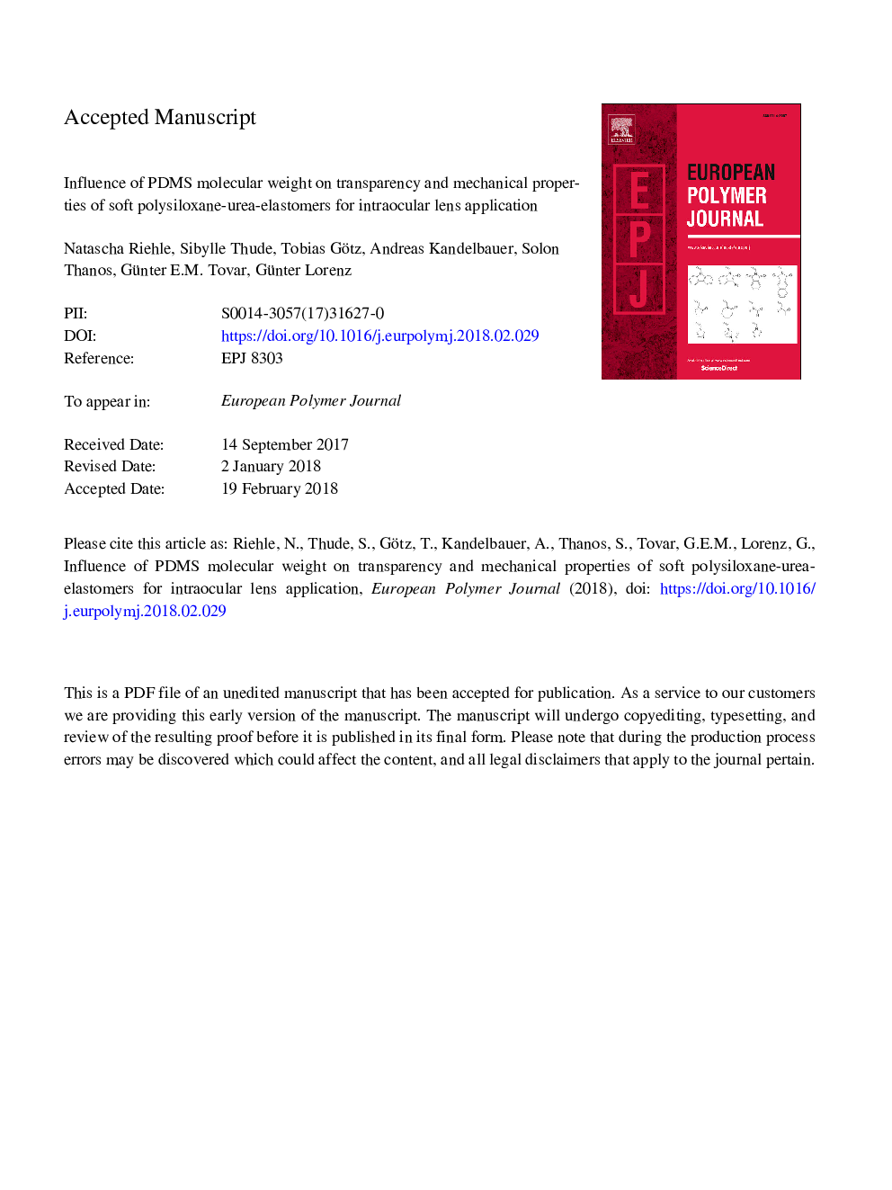 Influence of PDMS molecular weight on transparency and mechanical properties of soft polysiloxane-urea-elastomers for intraocular lens application