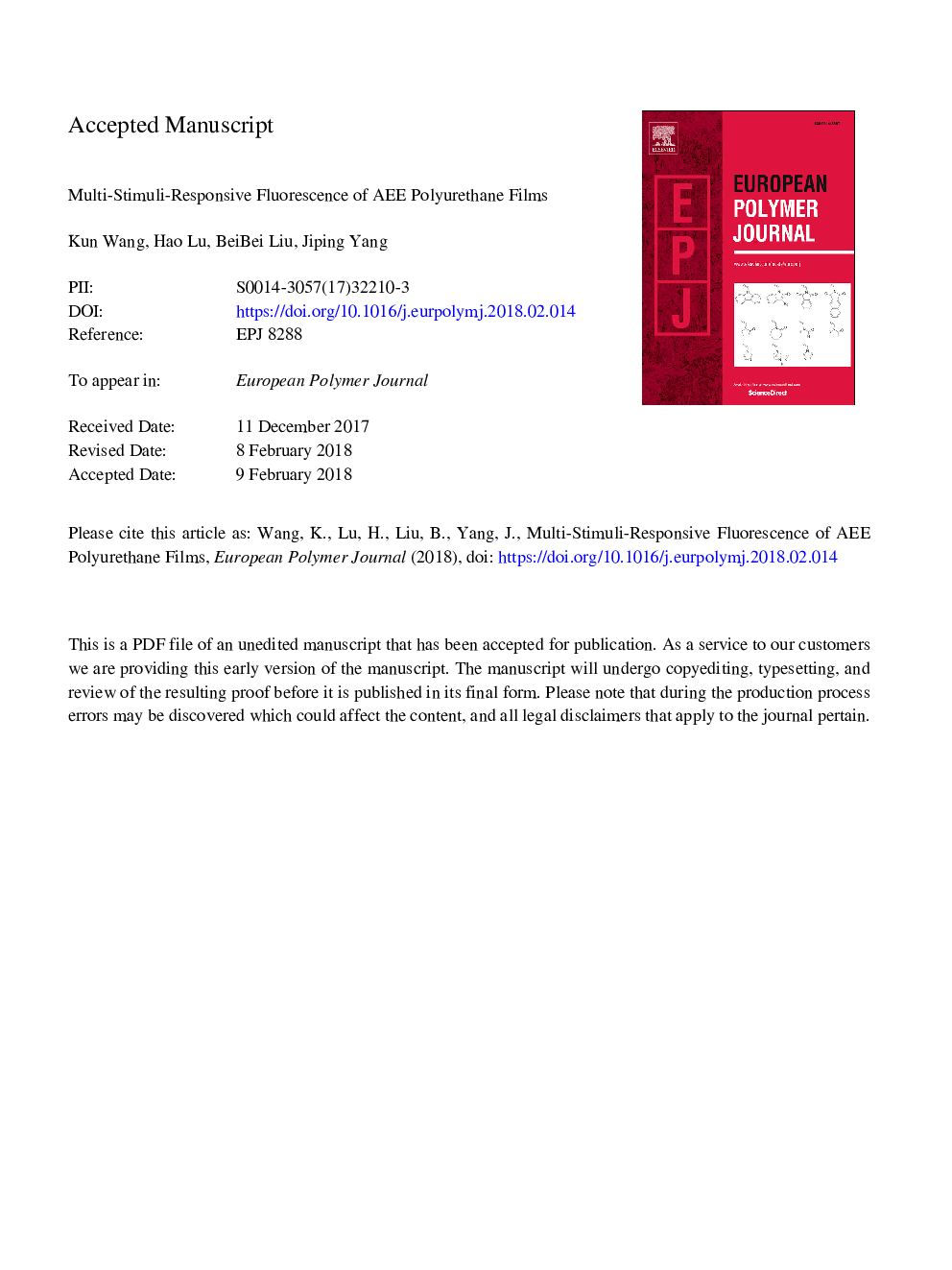 Multi-stimuli-responsive fluorescence of AEE polyurethane films