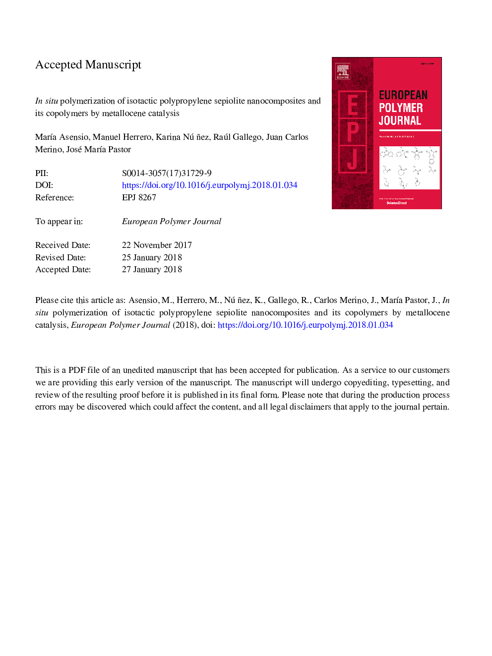 In situ polymerization of isotactic polypropylene sepiolite nanocomposites and its copolymers by metallocene catalysis