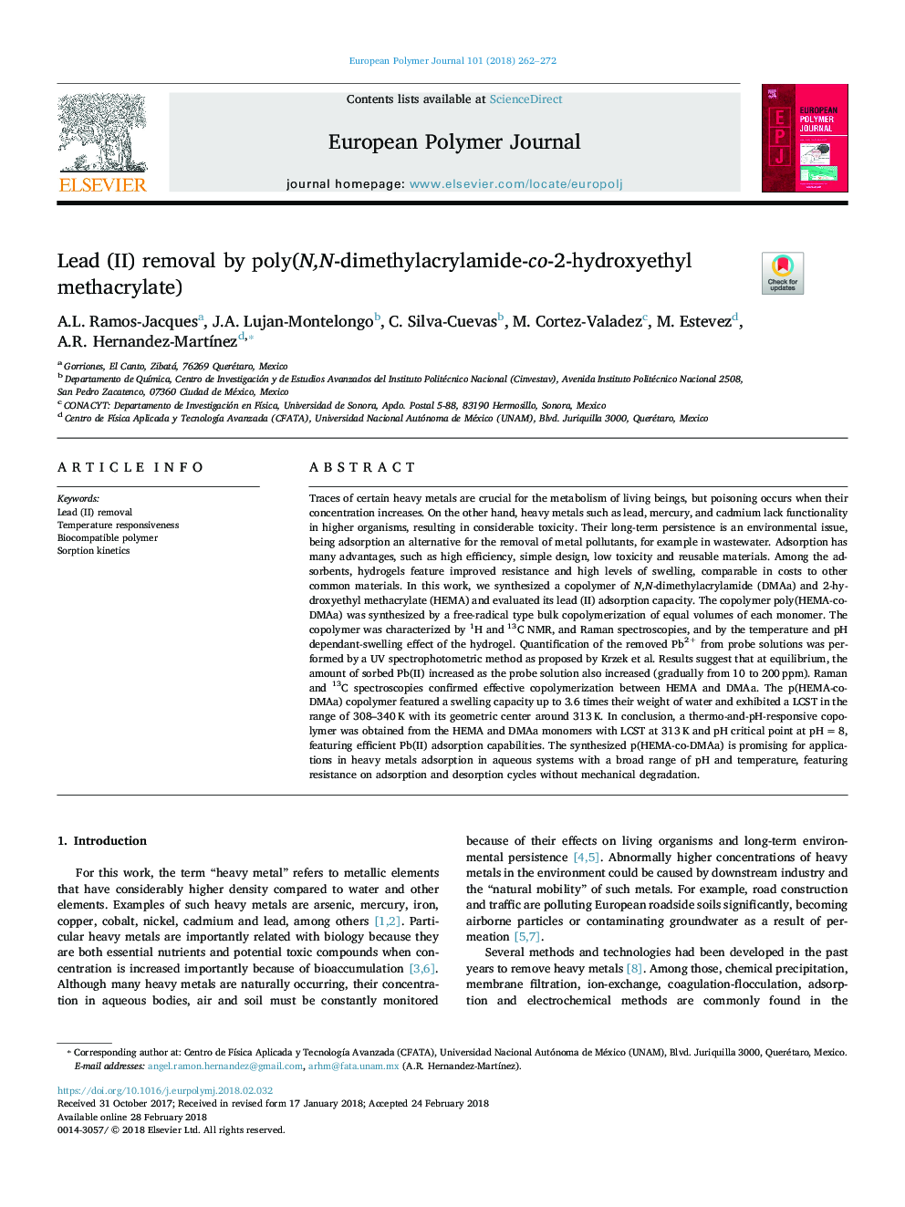 Lead (II) removal by poly(N,N-dimethylacrylamide-co-2-hydroxyethyl methacrylate)