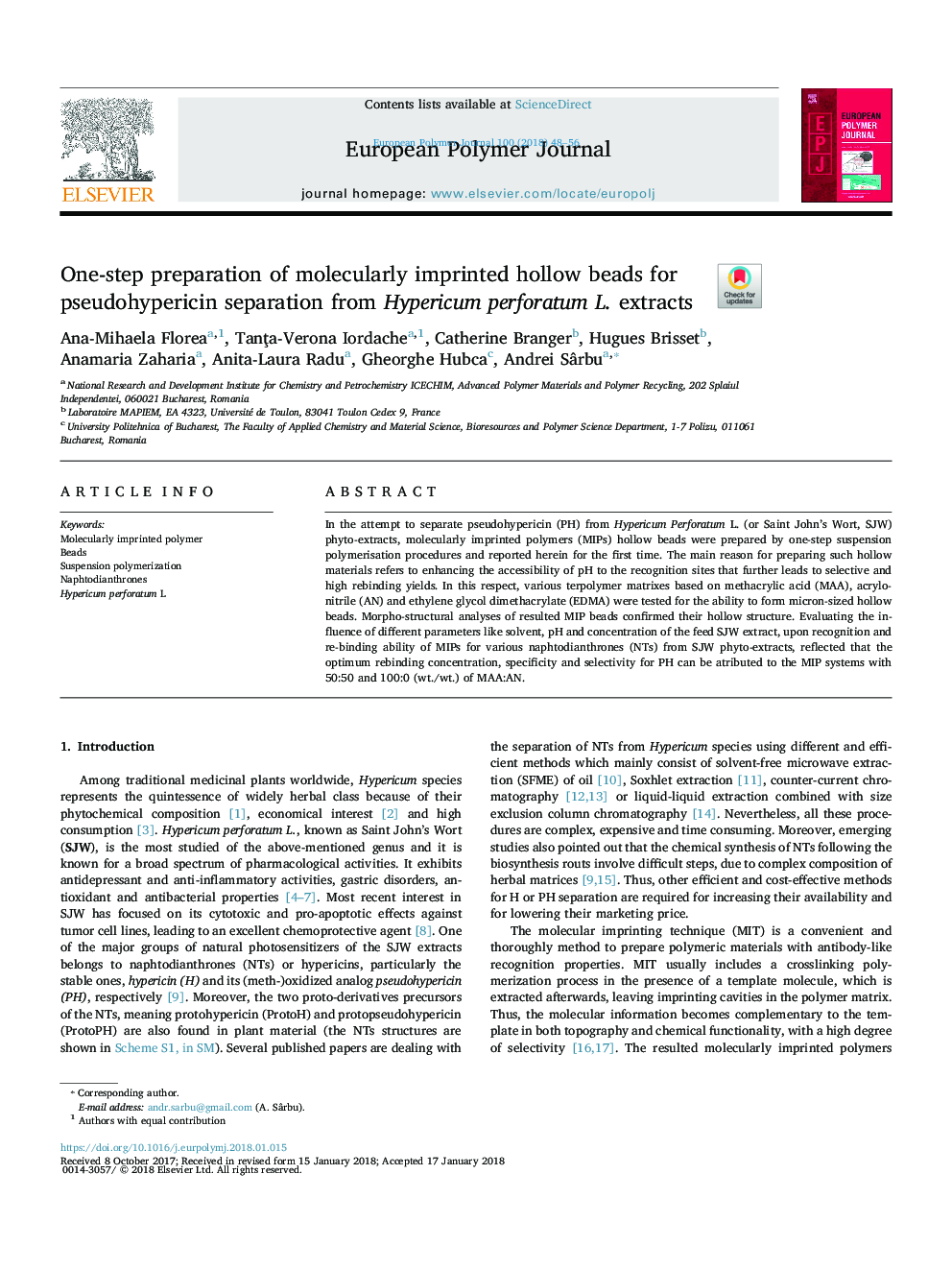 عکس صفحه اول مقاله: One-step preparation of molecularly imprinted hollow beads for pseudohypericin separation from Hypericum perforatum L. extracts One-step preparation of molecularly imprinted hollow beads for pseudohypericin separation from Hypericum perforatum L. extracts