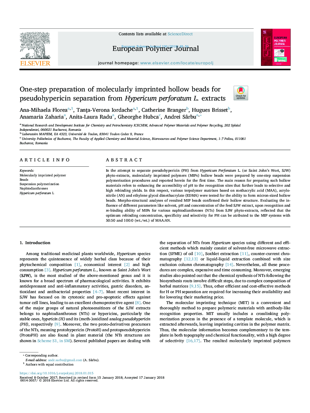 One-step preparation of molecularly imprinted hollow beads for pseudohypericin separation from Hypericum perforatum L. extracts