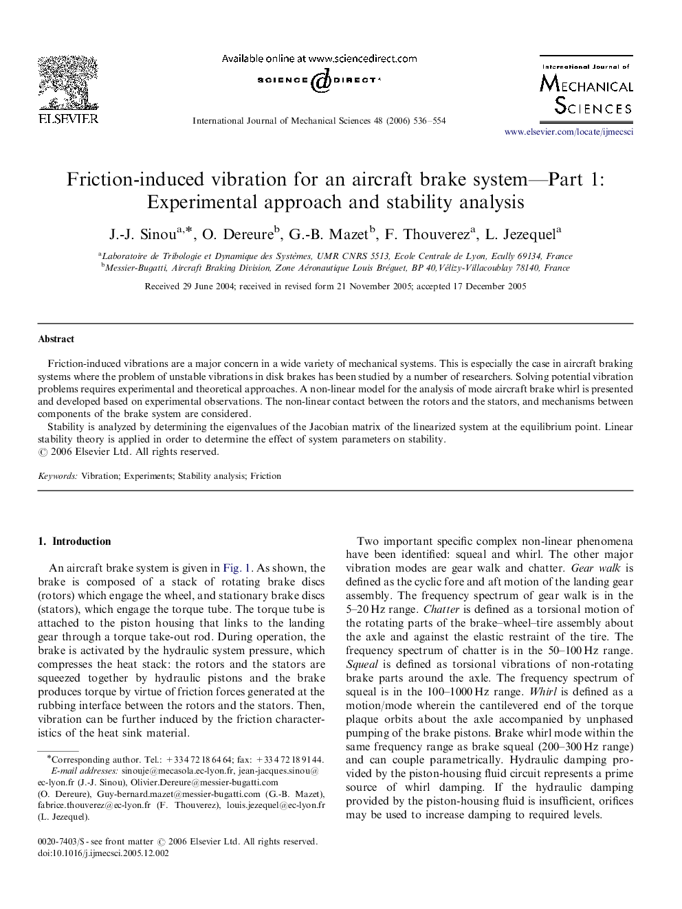 Friction-induced vibration for an aircraft brake system—Part 1: Experimental approach and stability analysis