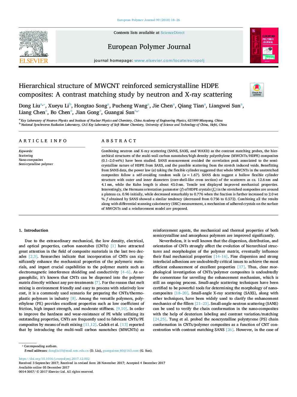 Hierarchical structure of MWCNT reinforced semicrystalline HDPE composites: A contrast matching study by neutron and X-ray scattering
