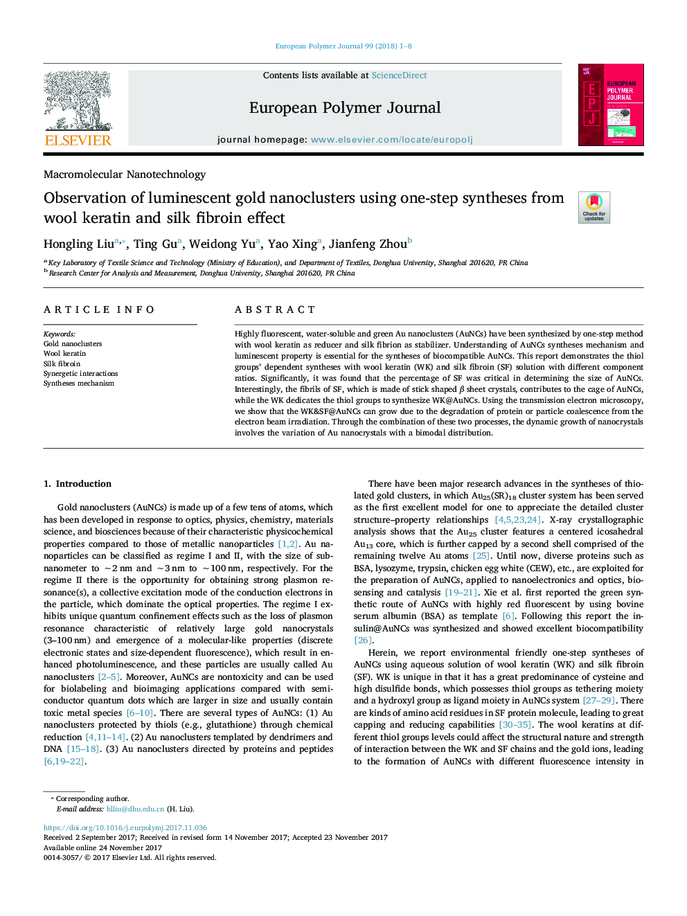 Observation of luminescent gold nanoclusters using one-step syntheses from wool keratin and silk fibroin effect