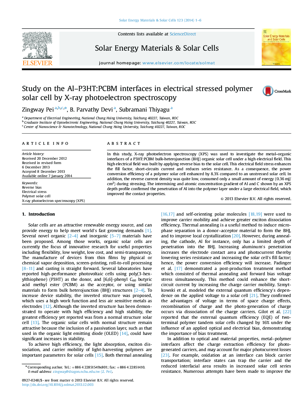 Study on the Al–P3HT:PCBM interfaces in electrical stressed polymer solar cell by X-ray photoelectron spectroscopy