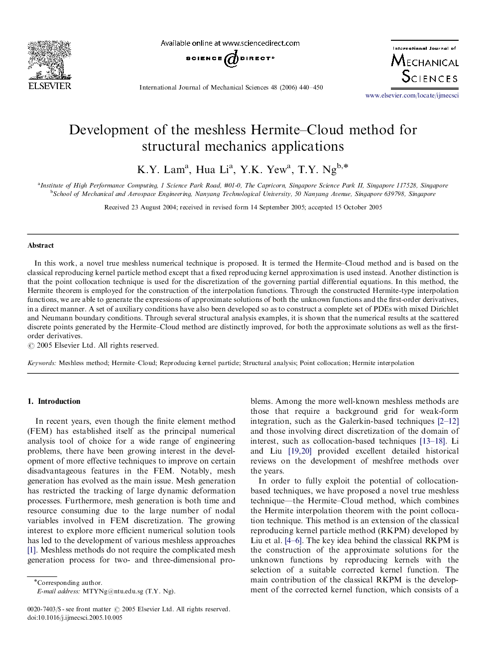 Development of the meshless Hermite-Cloud method for structural mechanics applications