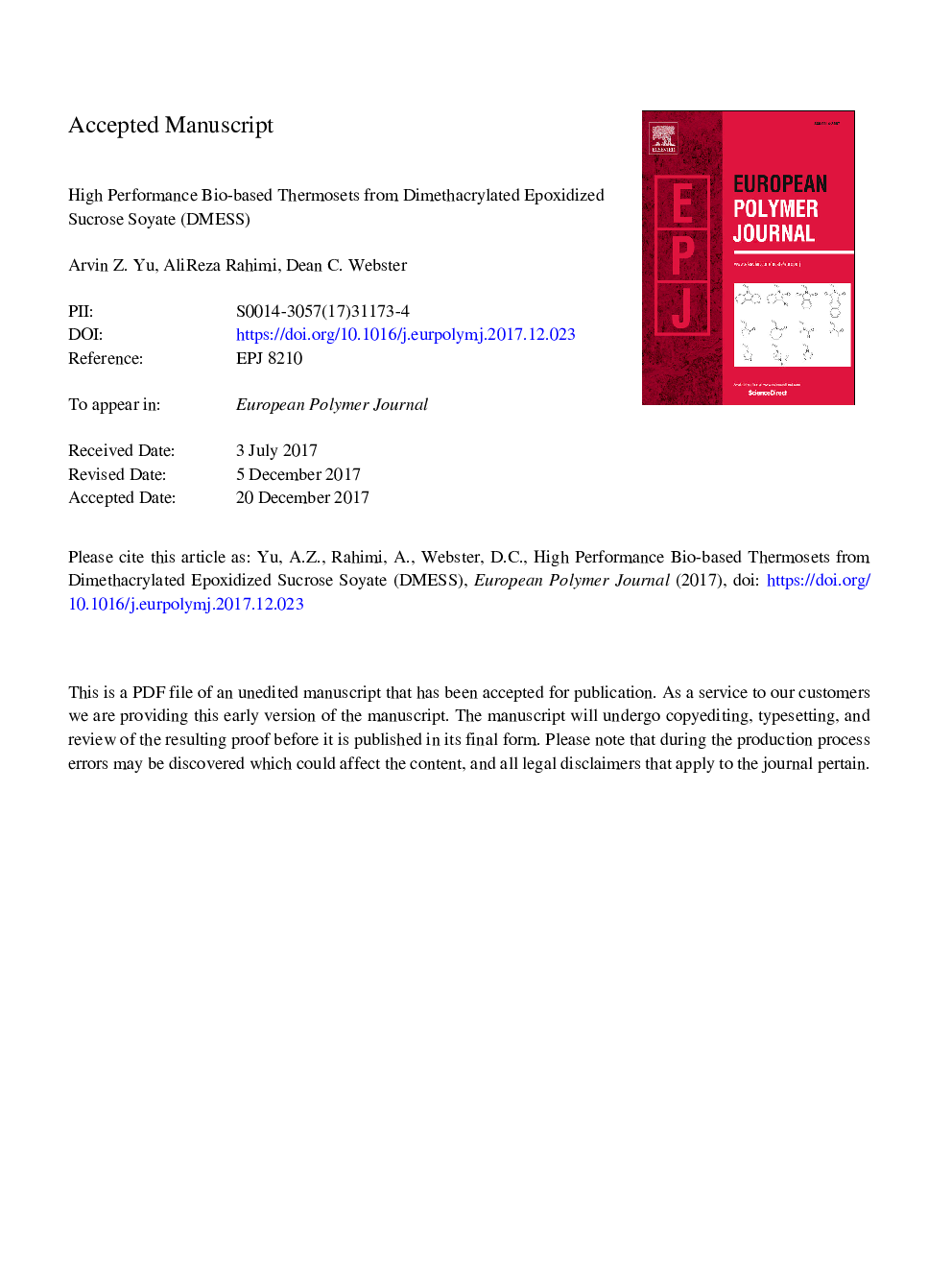 High performance bio-based thermosets from dimethacrylated epoxidized sucrose soyate (DMESS)