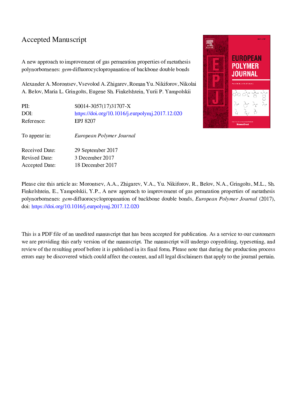 A new approach to improvement of gas permeation properties of olefin metathesis derived poly(norbornenes): gem-difluorocyclopropanation of backbone double bonds