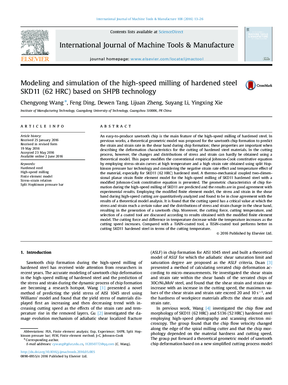 Modeling and simulation of the high-speed milling of hardened steel SKD11 (62 HRC) based on SHPB technology