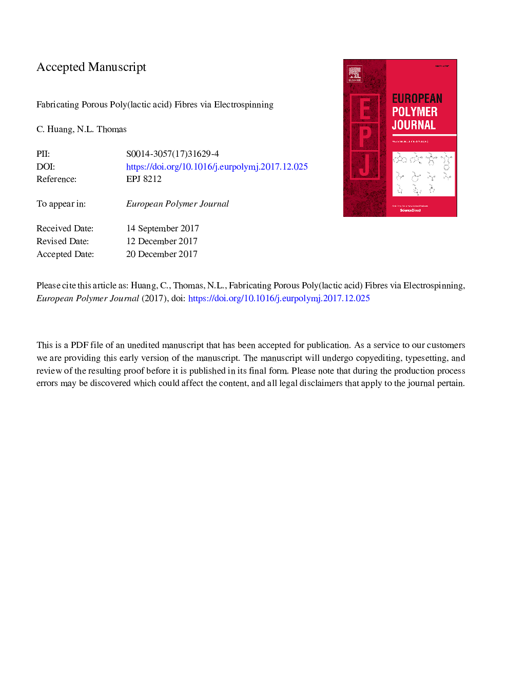 Fabricating porous poly(lactic acid) fibres via electrospinning