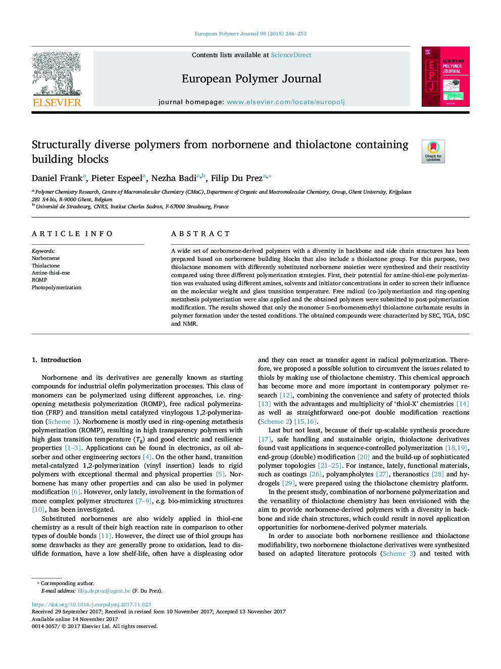 Structurally diverse polymers from norbornene and thiolactone containing building blocks