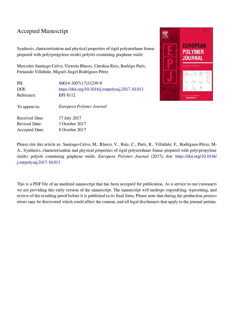 Synthesis, characterization and physical properties of rigid polyurethane foams prepared with poly(propylene oxide) polyols containing graphene oxide