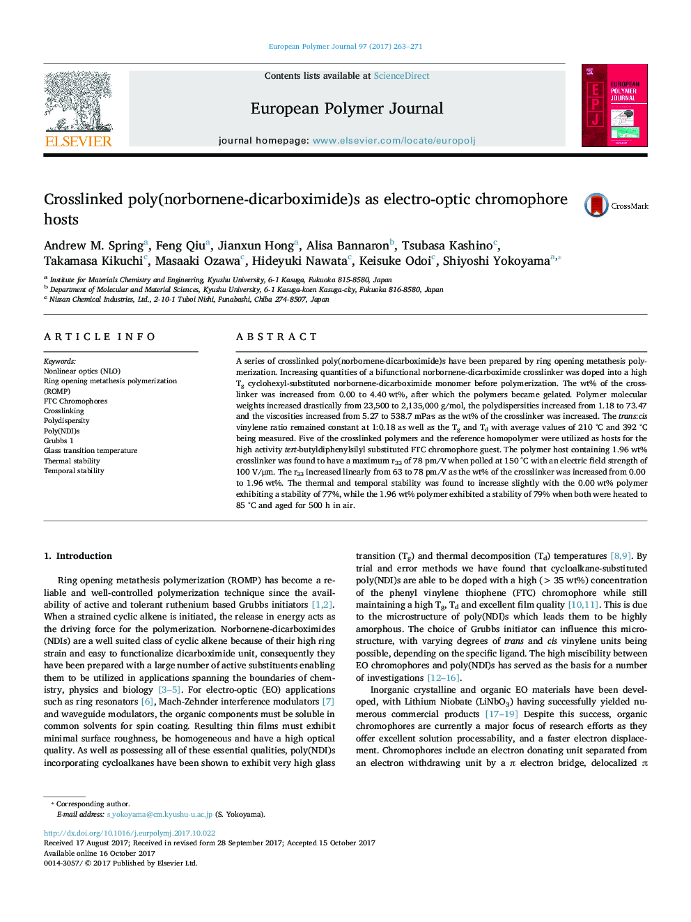 Crosslinked poly(norbornene-dicarboximide)s as electro-optic chromophore hosts