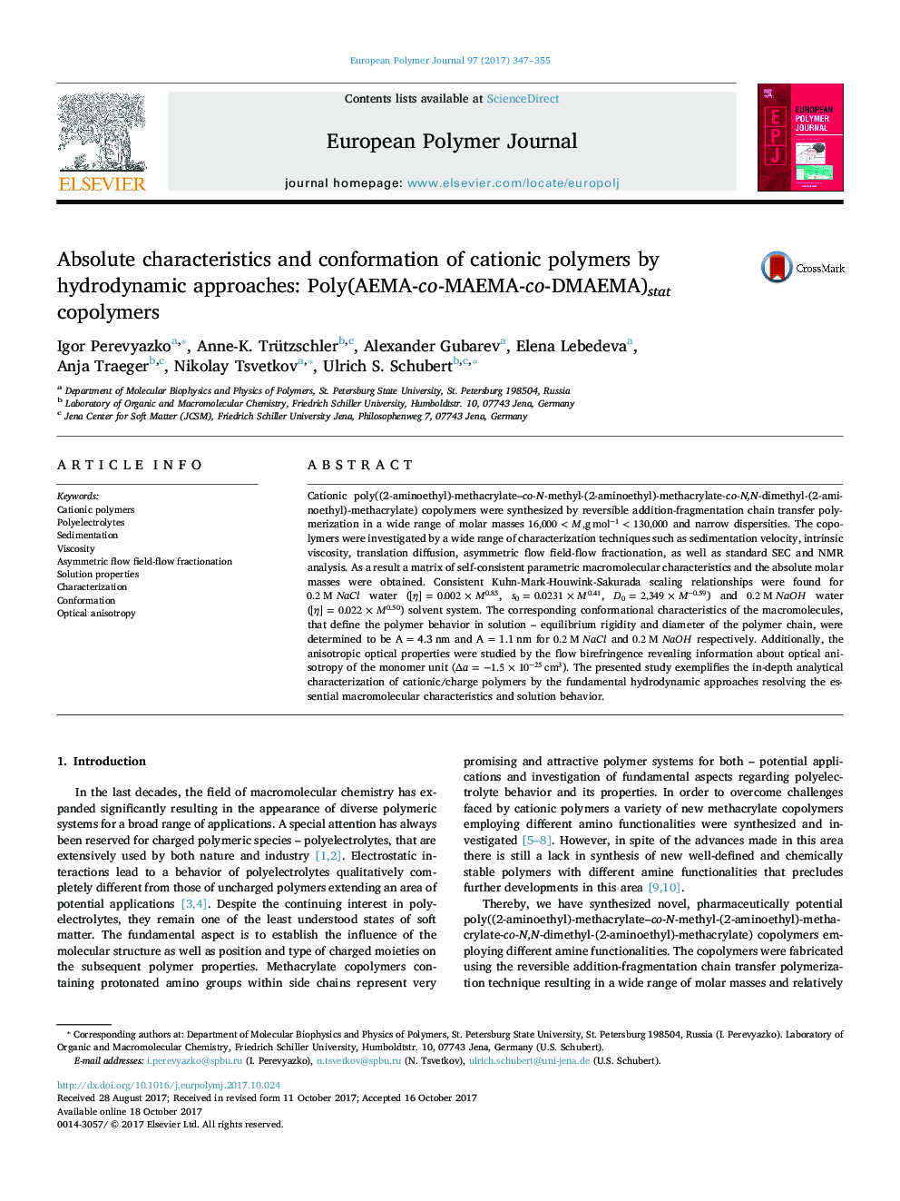 Absolute characteristics and conformation of cationic polymers by hydrodynamic approaches: Poly(AEMA-co-MAEMA-co-DMAEMA)stat copolymers