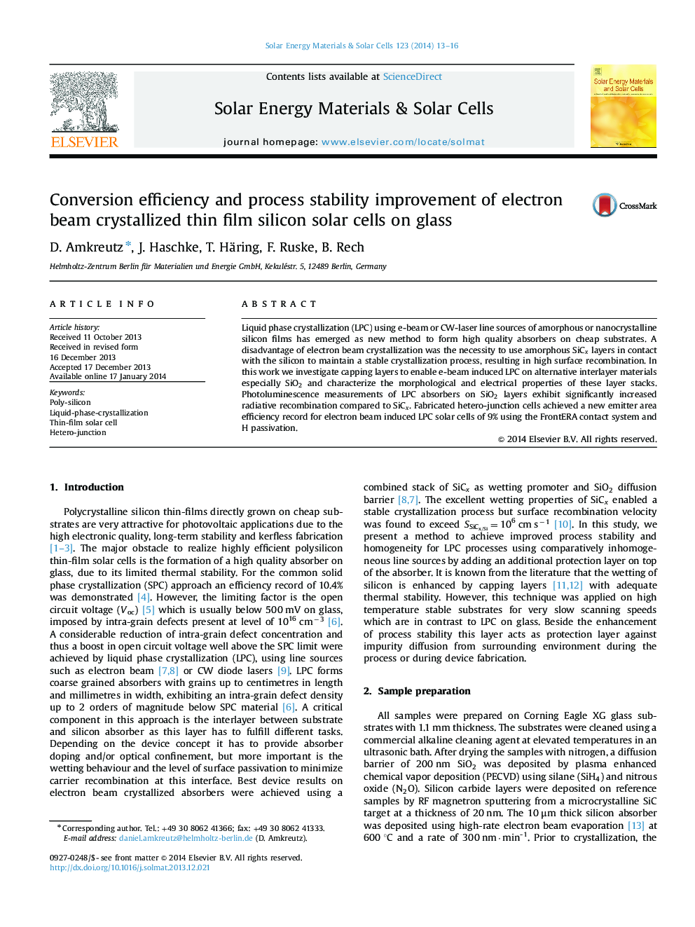 Conversion efficiency and process stability improvement of electron beam crystallized thin film silicon solar cells on glass