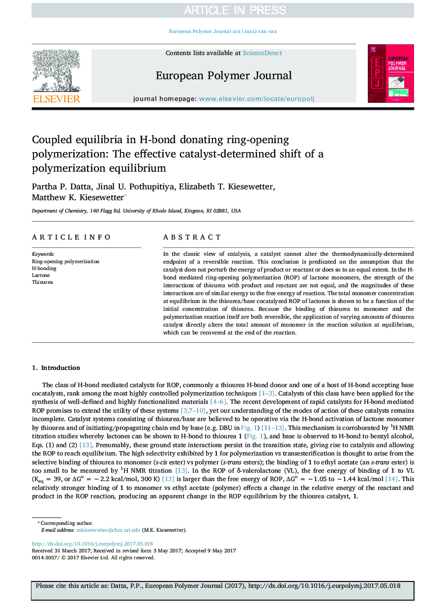 Coupled equilibria in H-bond donating ring-opening polymerization: The effective catalyst-determined shift of a polymerization equilibrium