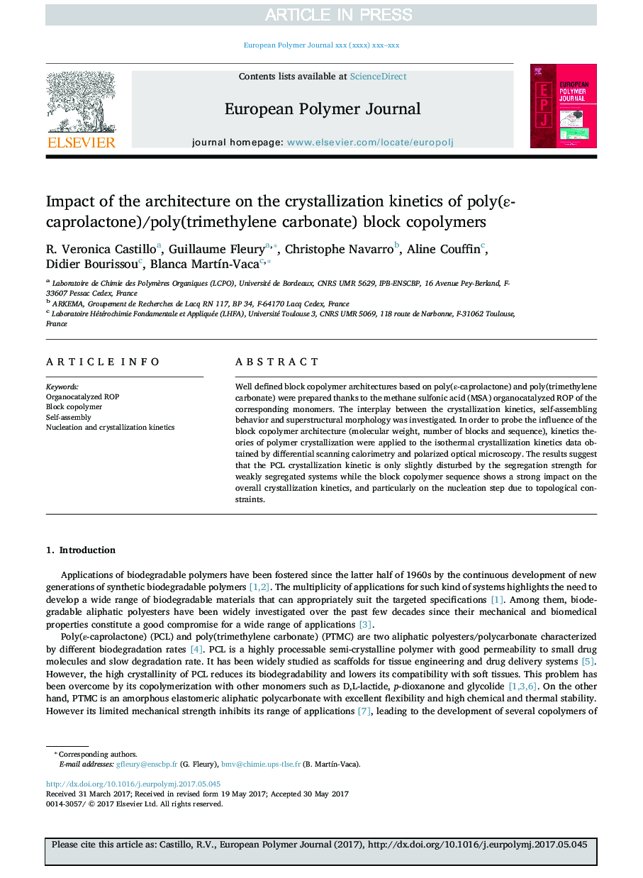 Impact of the architecture on the crystallization kinetics of poly(Îµ-caprolactone)/poly(trimethylene carbonate) block copolymers