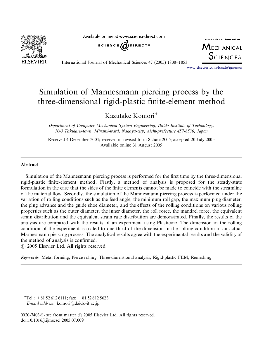 Simulation of Mannesmann piercing process by the three-dimensional rigid-plastic finite-element method