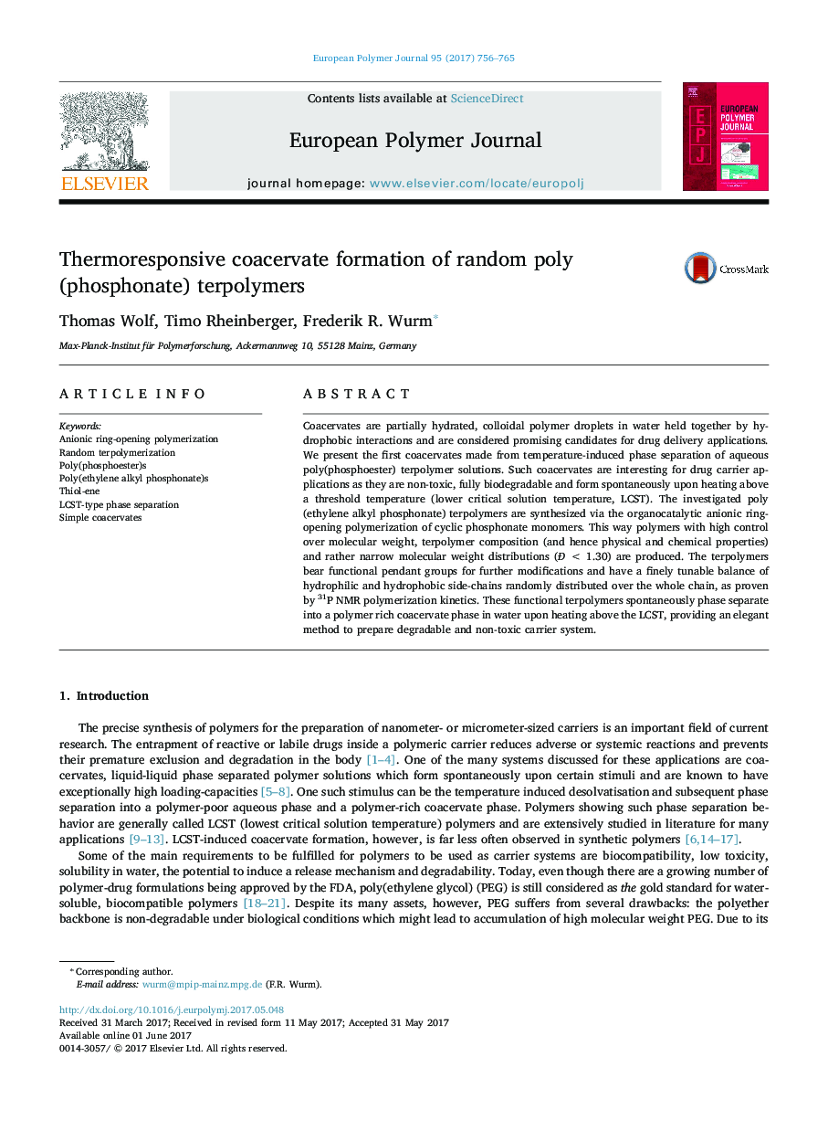 Thermoresponsive coacervate formation of random poly(phosphonate) terpolymers