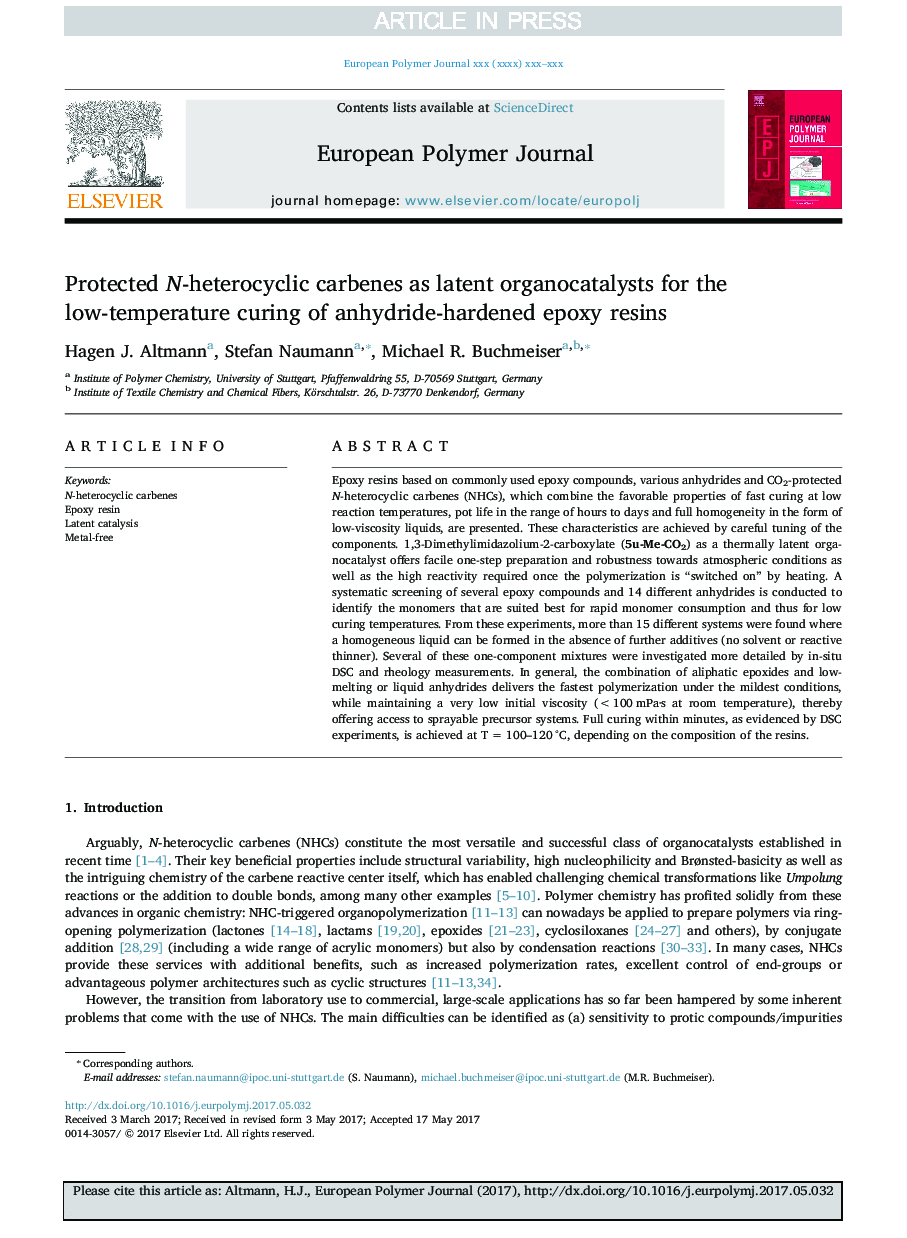 Protected N-heterocyclic carbenes as latent organocatalysts for the low-temperature curing of anhydride-hardened epoxy resins