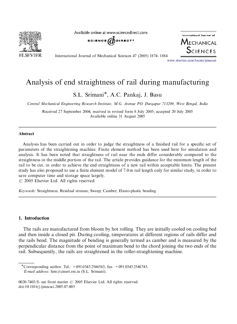 Analysis of end straightness of rail during manufacturing