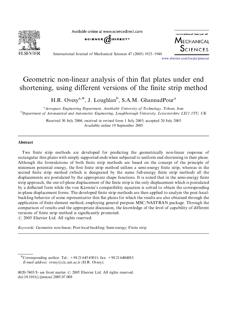 Geometric non-linear analysis of thin flat plates under end shortening, using different versions of the finite strip method