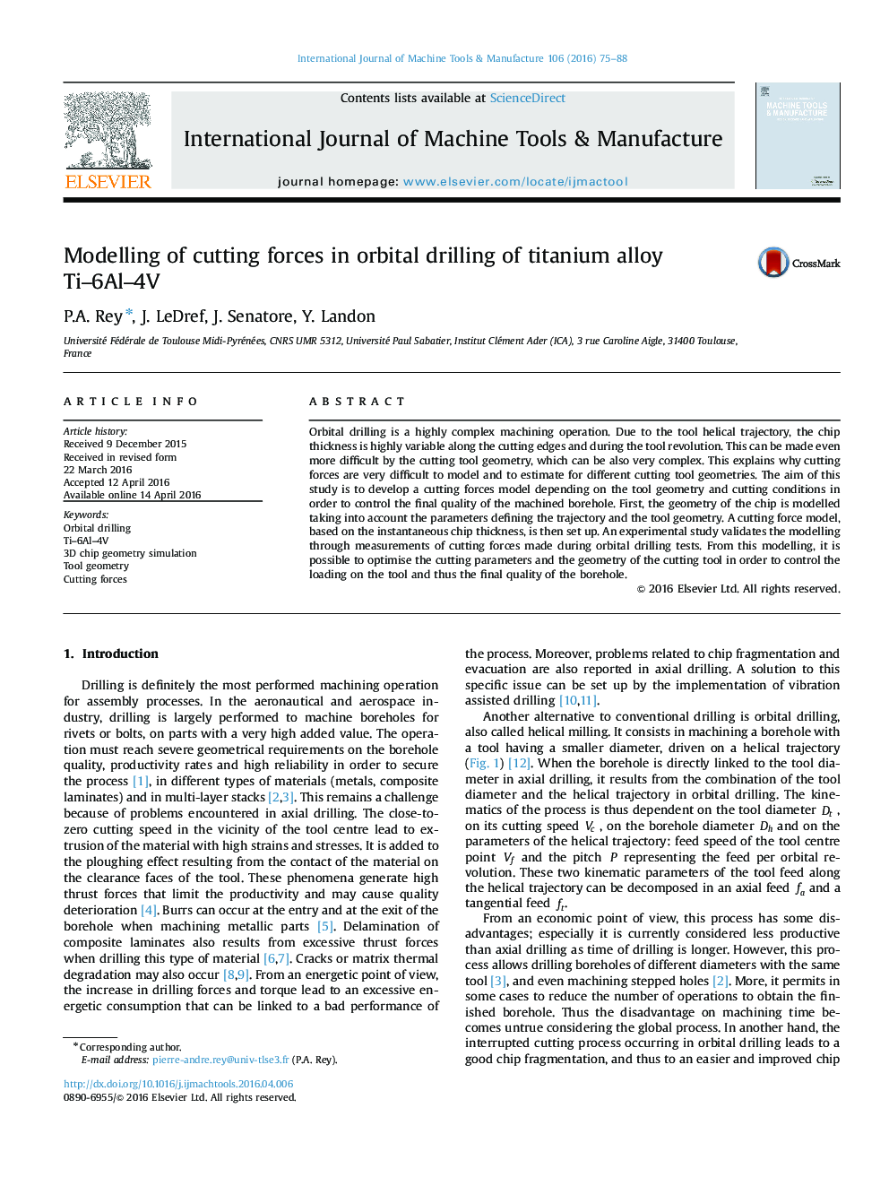 Modelling of cutting forces in orbital drilling of titanium alloy Ti–6Al–4V