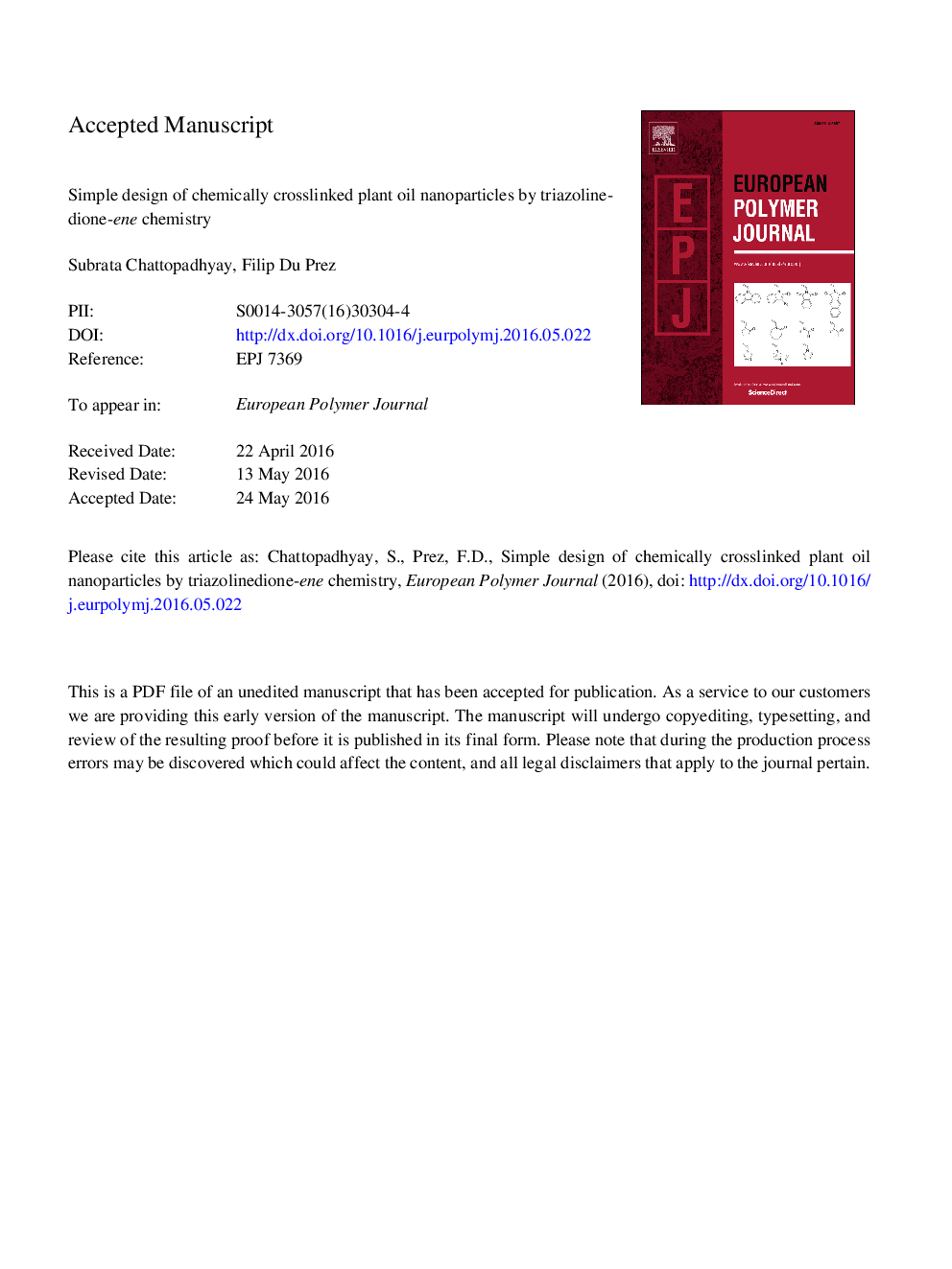 Simple design of chemically crosslinked plant oil nanoparticles by triazolinedione-ene chemistry