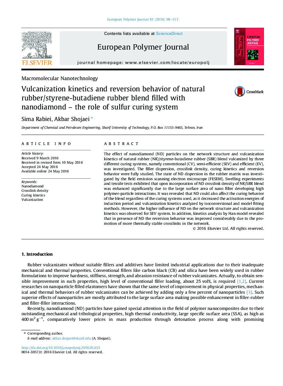 Vulcanization kinetics and reversion behavior of natural rubber/styrene-butadiene rubber blend filled with nanodiamond - the role of sulfur curing system