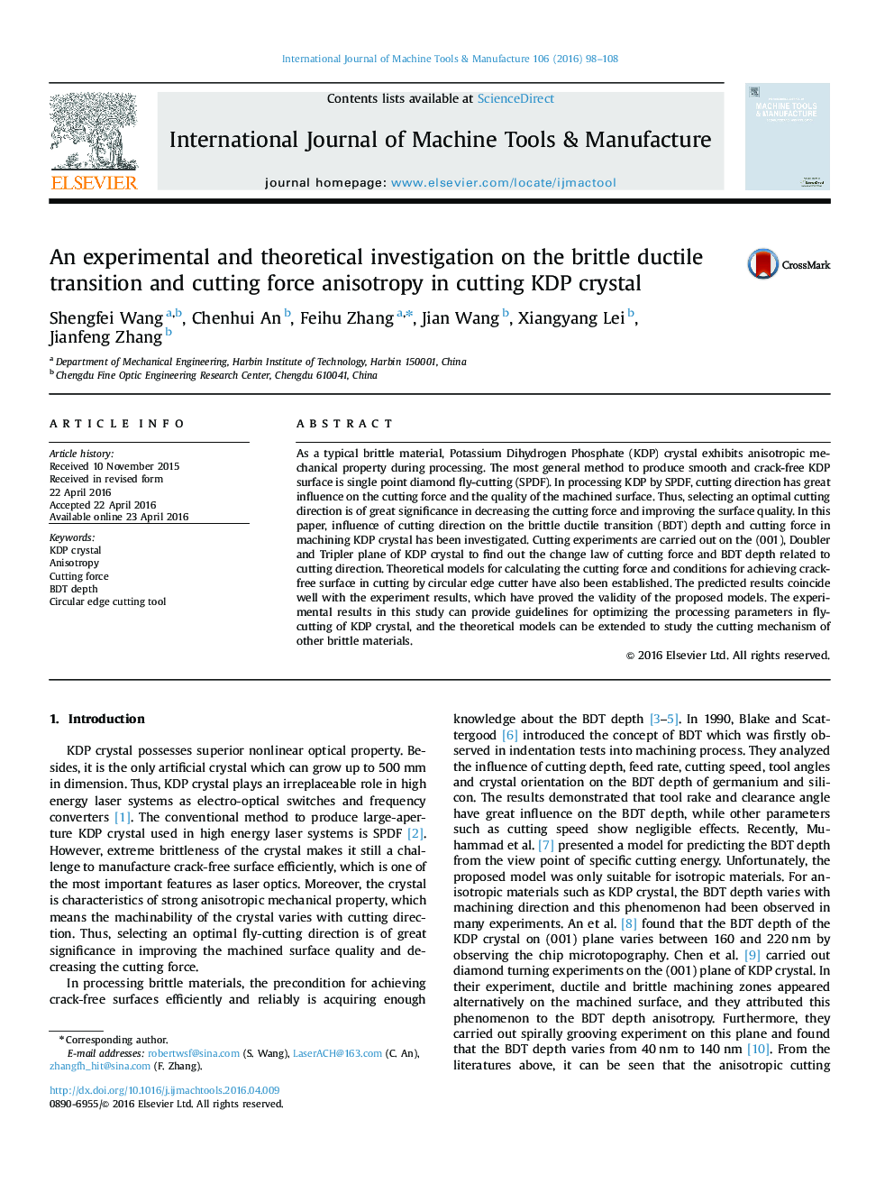 An experimental and theoretical investigation on the brittle ductile transition and cutting force anisotropy in cutting KDP crystal